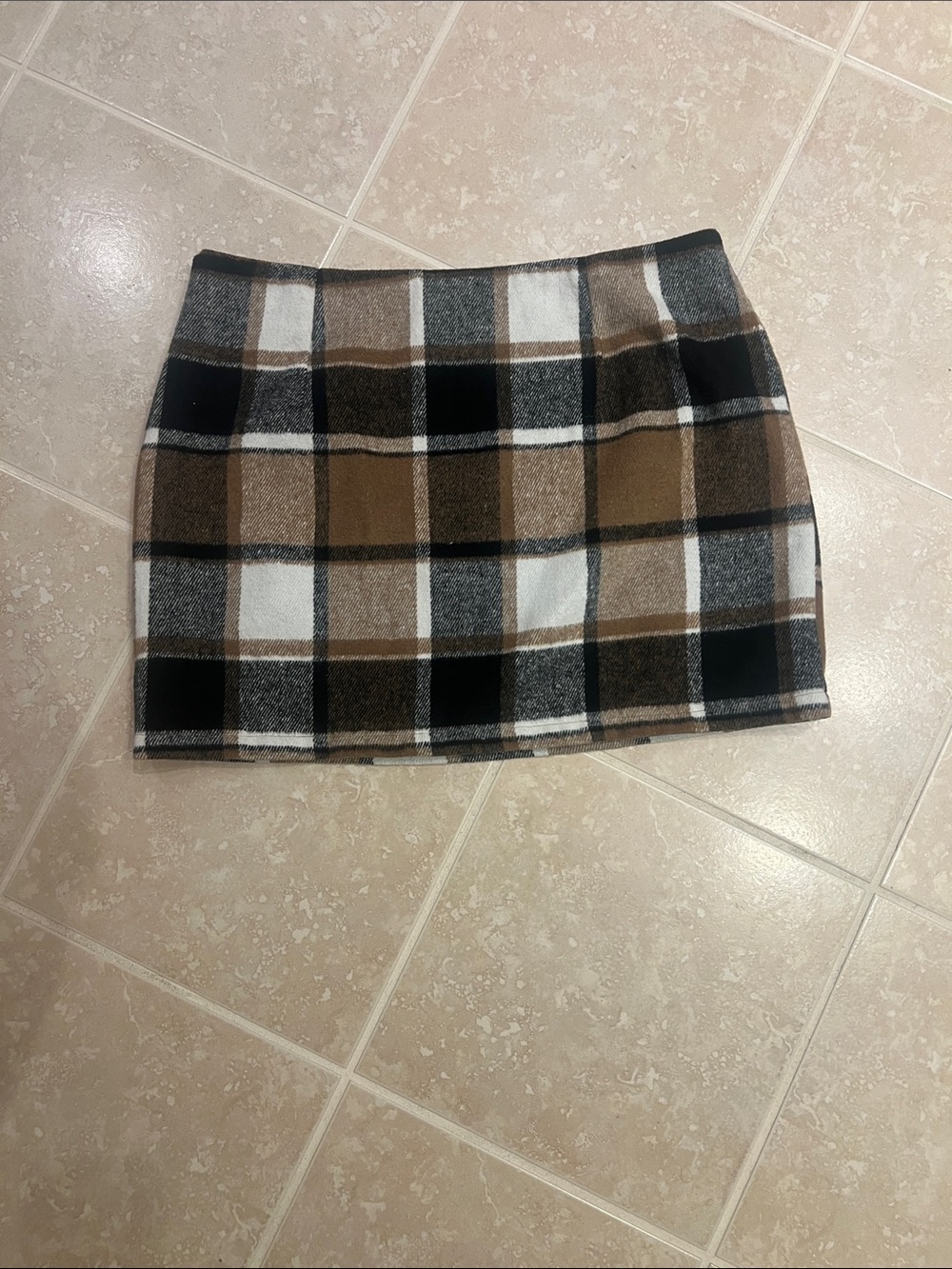 Plaid Mini Skirt in Brown, Black & White